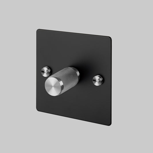 1G Dimmer/ 100W/ Black with Steel details, angled view.