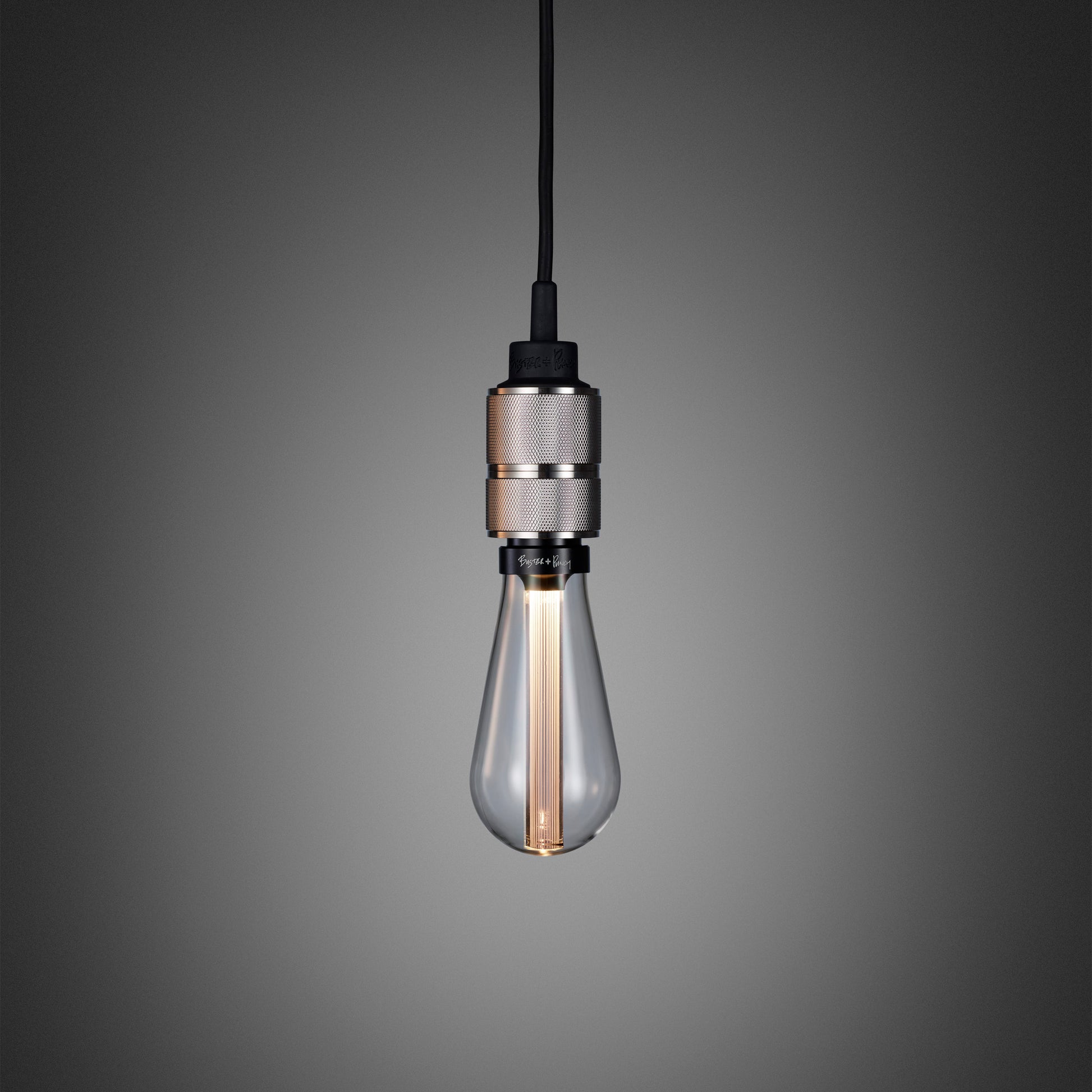 Hooked 1.0 Pendant Light / Nude Steel, front view with crystal bulb.