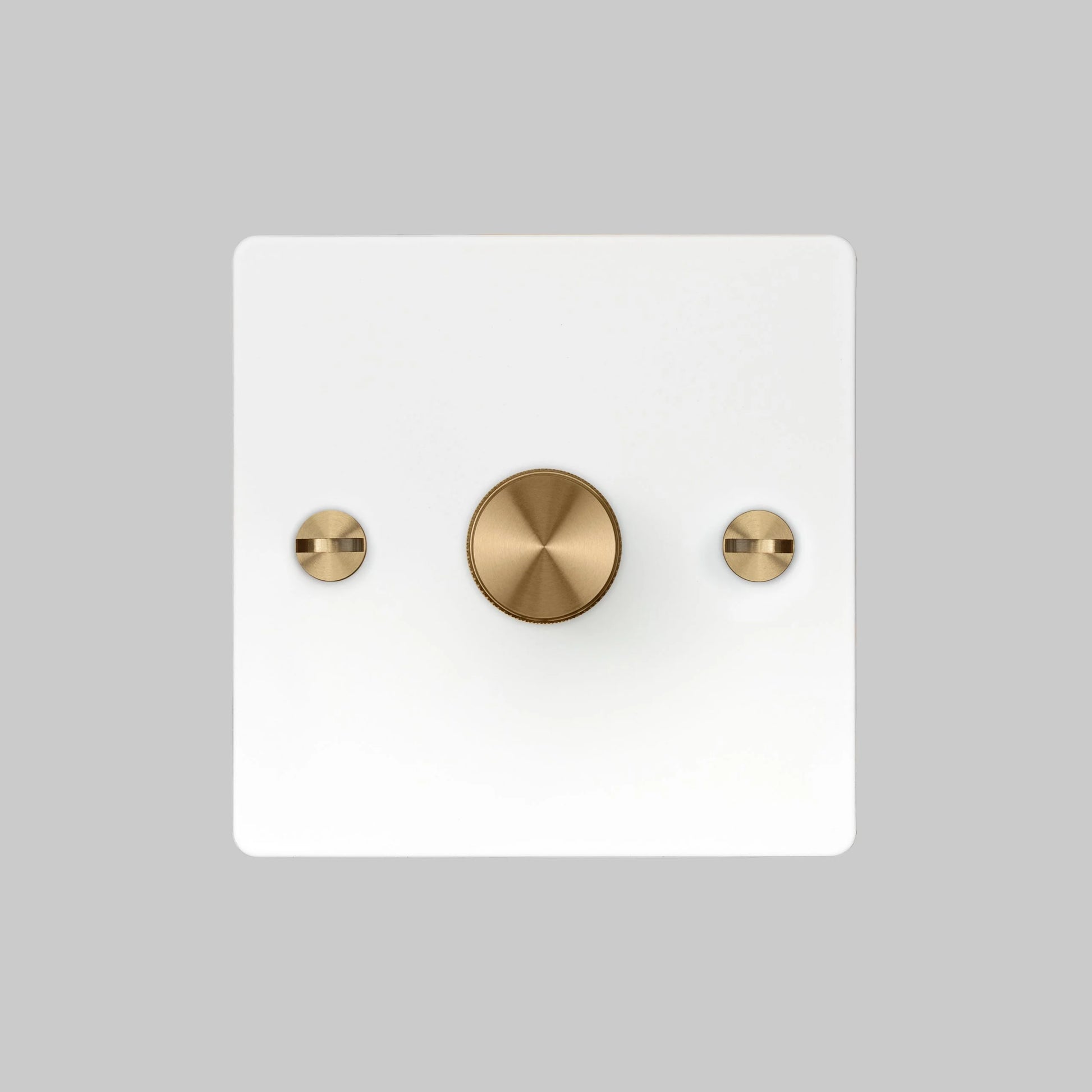 1G Dimmer/ 120W/ White with Brass details, front view.