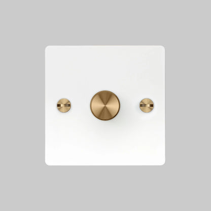 1G Dimmer/ 120W/ White with Brass details, front view.