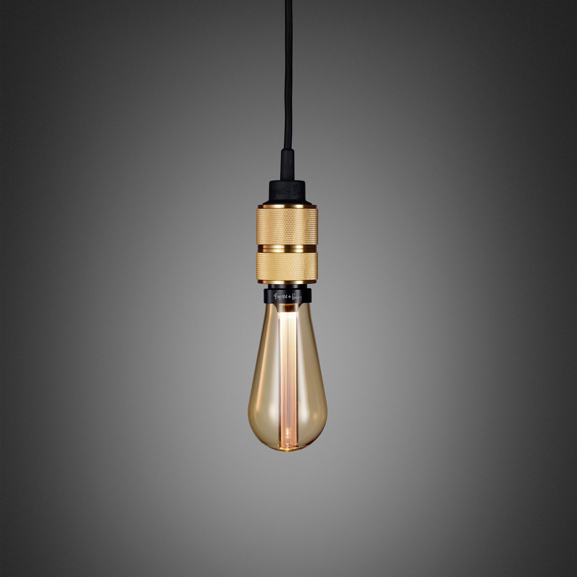 Hooked 1.0 Pendant Light / Nude Brass, close up view with gold bulb.