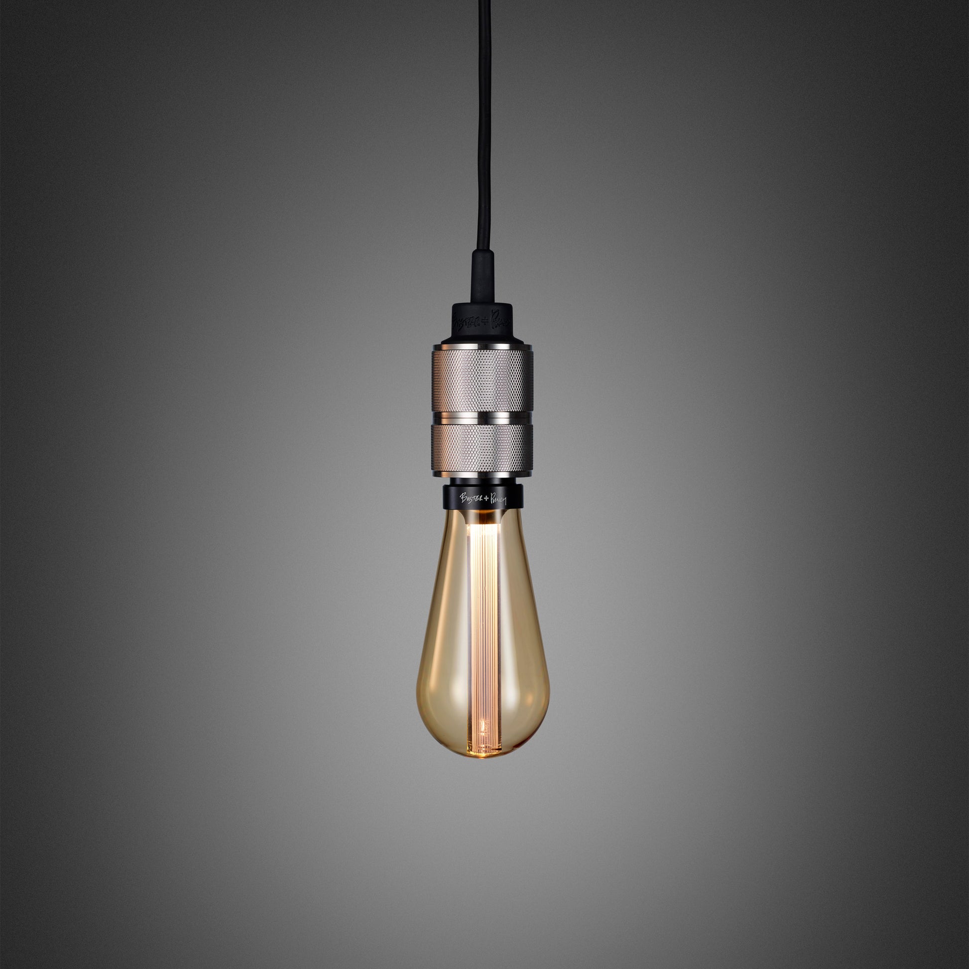 Hooked 1.0 Pendant Light / Nude Steel, front view with gold bulb.