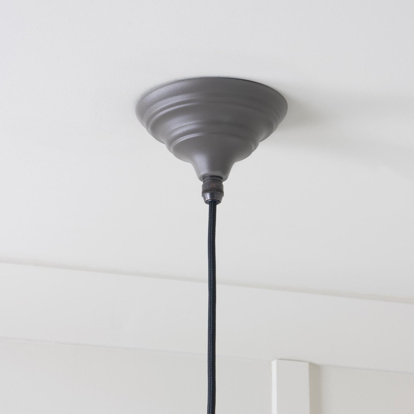 Smooth Nickel Brindley Pendant Light  Bluff, close up view of fitting and cable.