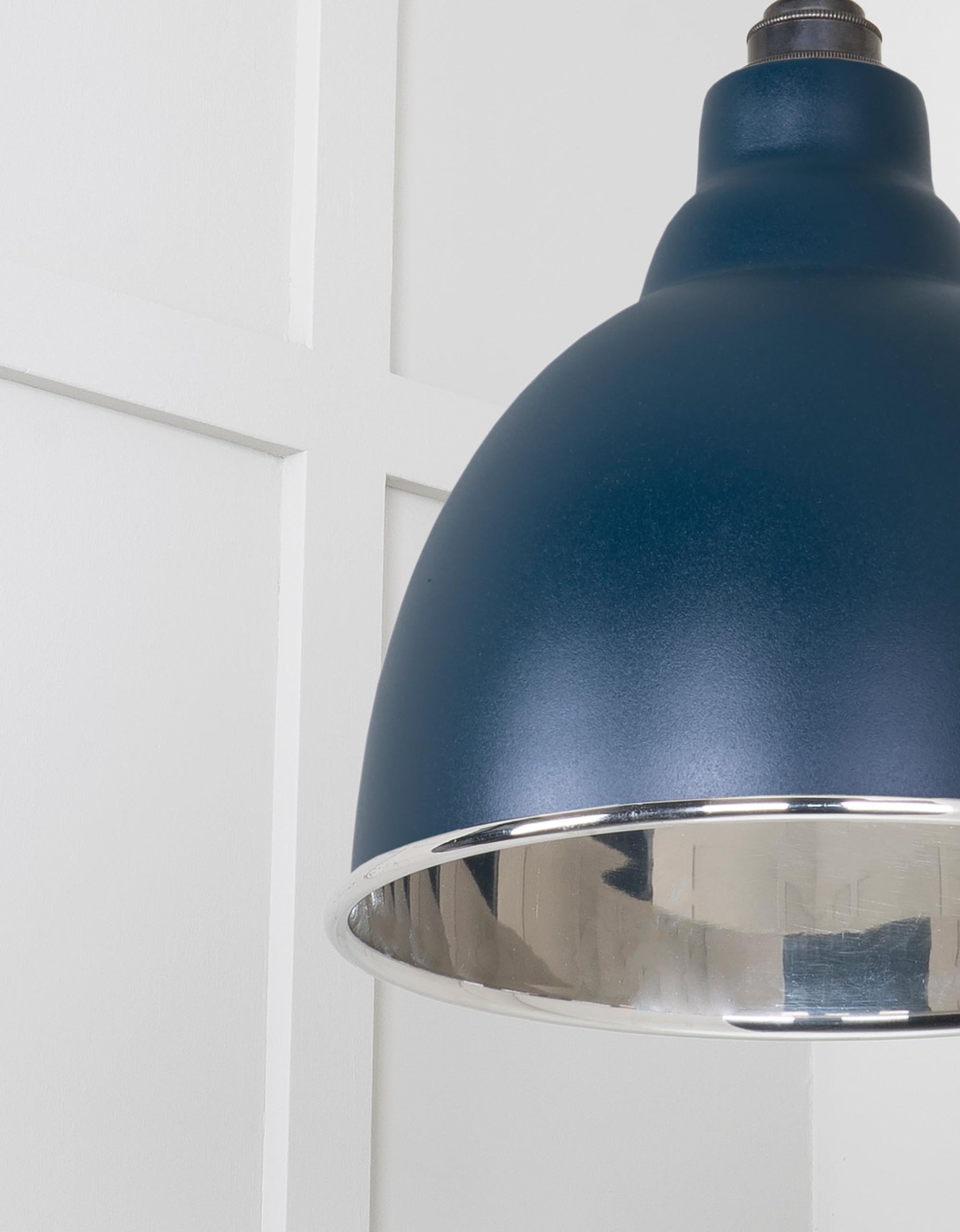 Smooth Nickel Brindley Pendant Light  Dusk, Detailed close up view of pendant.