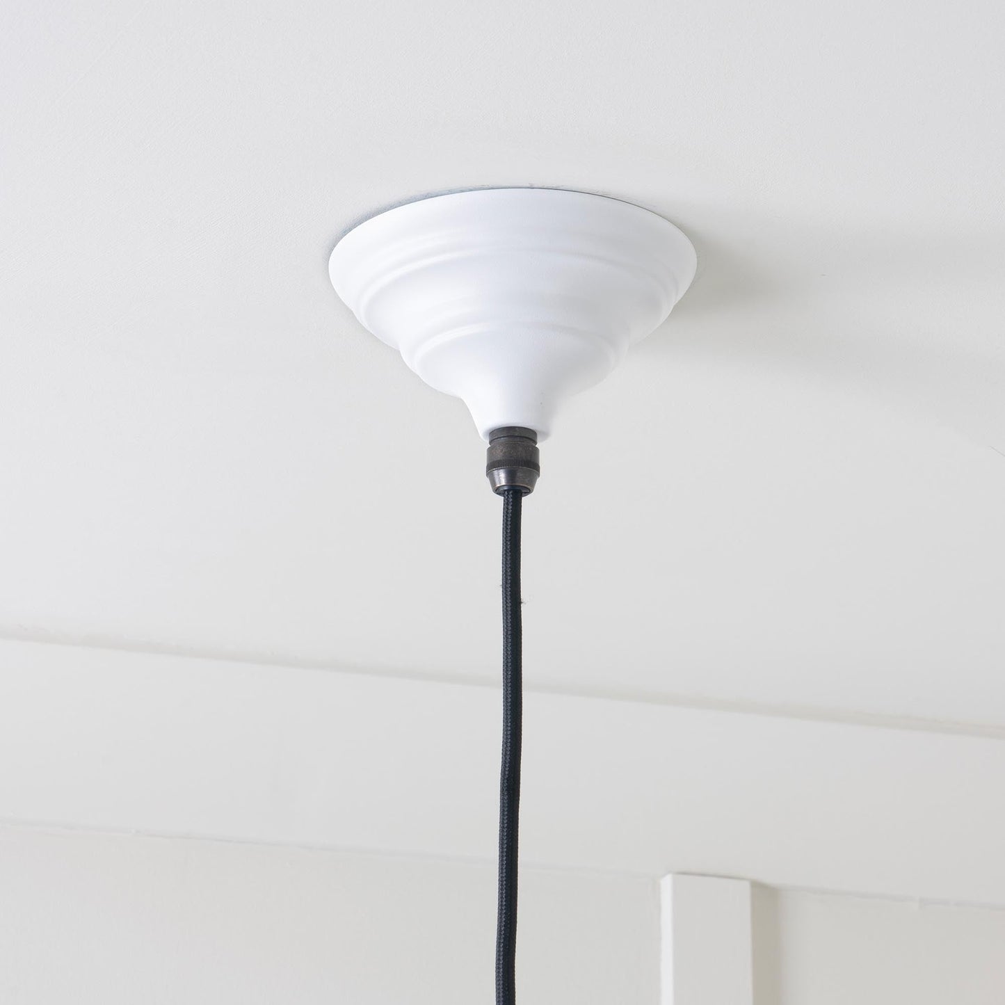 White Gloss Hockley Pendant Light Flock, close up view of fitting and cable.