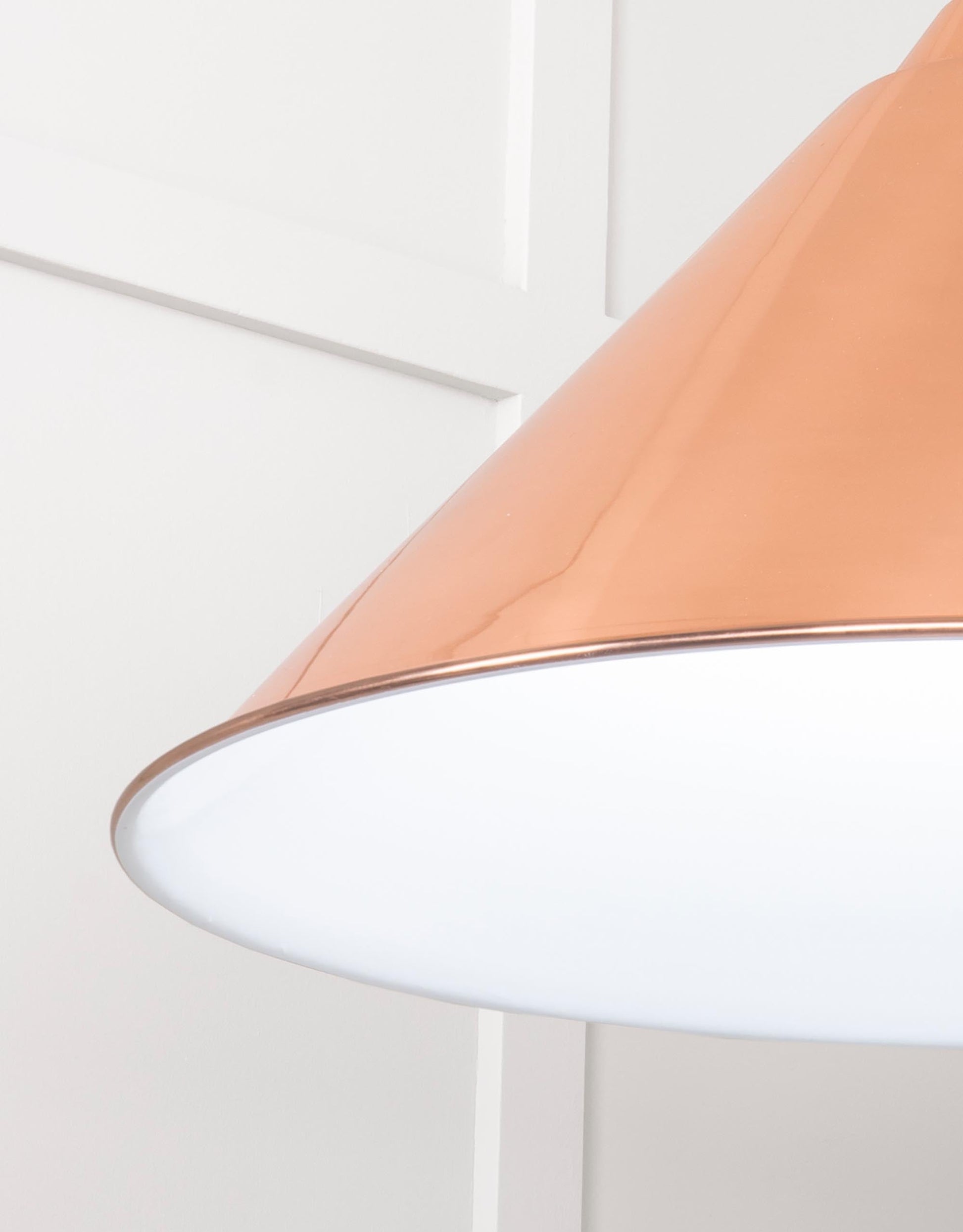 White Gloss Hockley Pendant Light Copper , Detailed close up view of pendant.