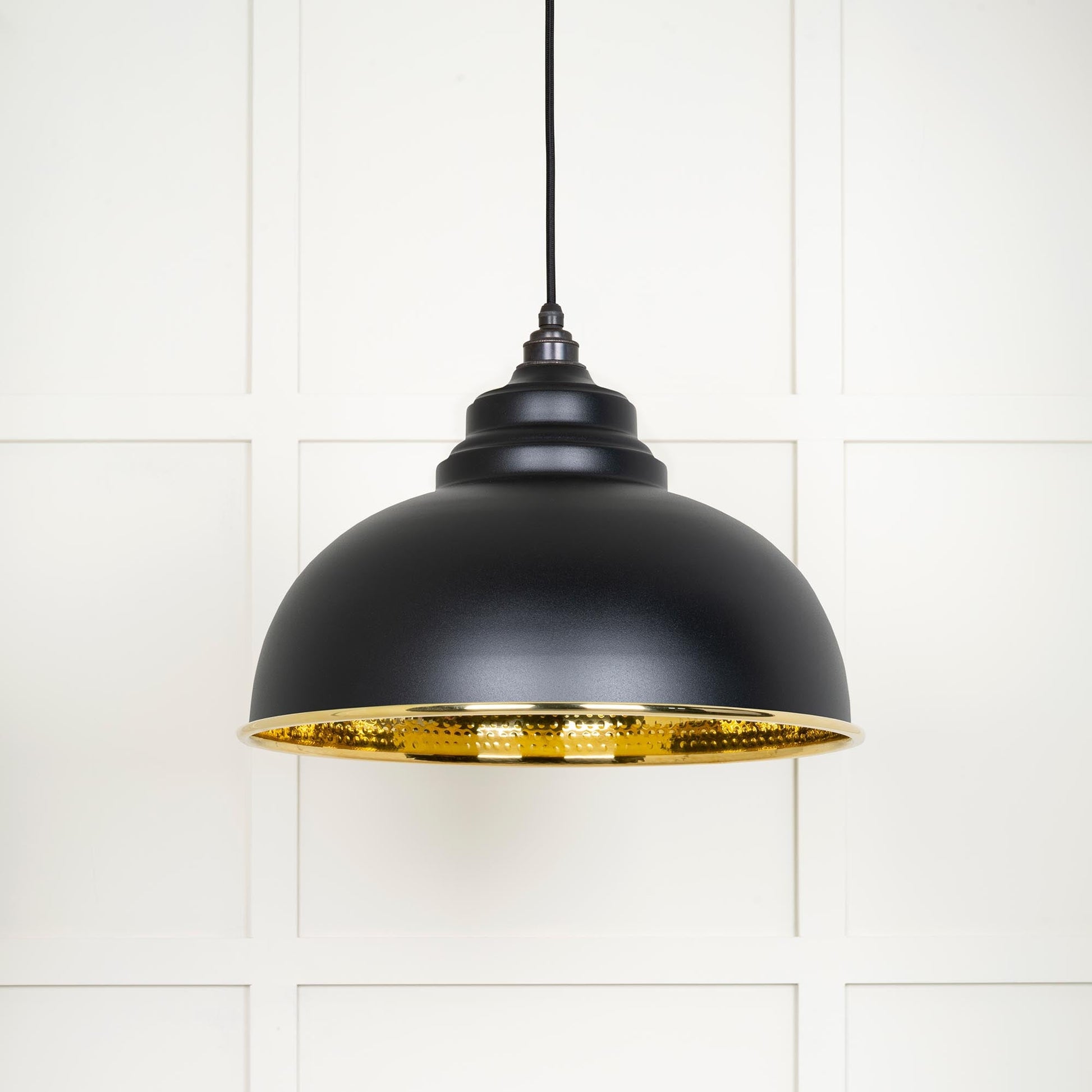 Hammered Brass Harborne Pendant Light Elan Black, Front Side.