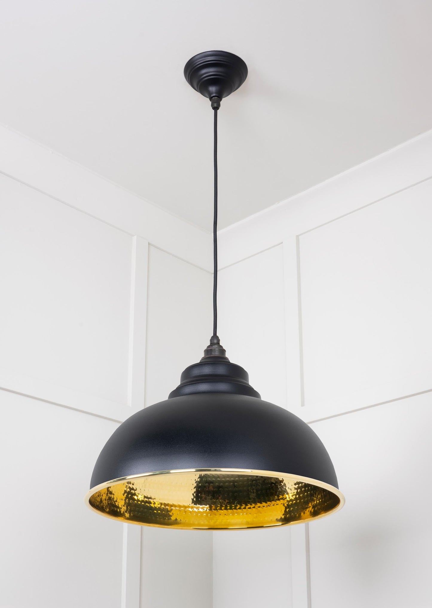 Hammered Brass Harborne Pendant Light Elan Black, Underside.