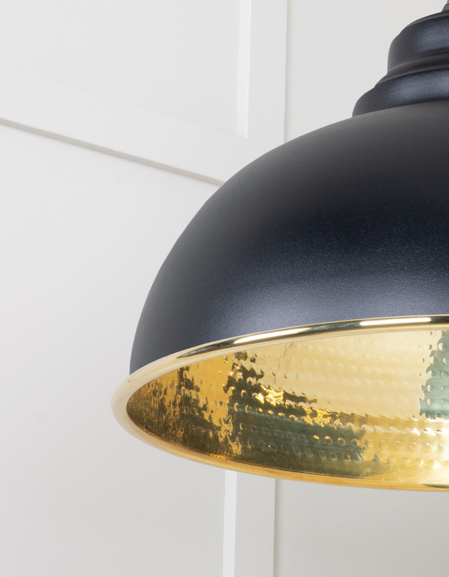 Hammered Brass Harborne Pendant Light Elan Black, Detailed close up view of pendant.