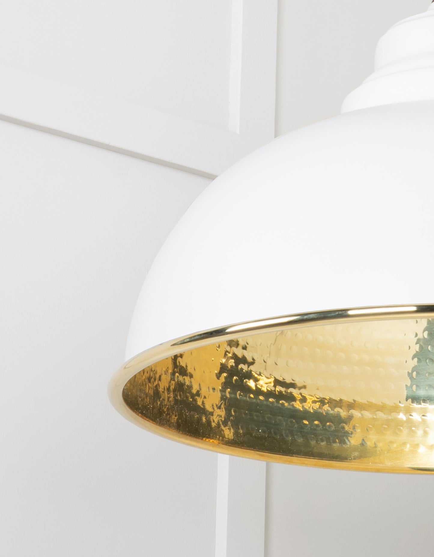 Hammered Brass Harborne Pendant Light Flock, Detailed close up view of pendant.