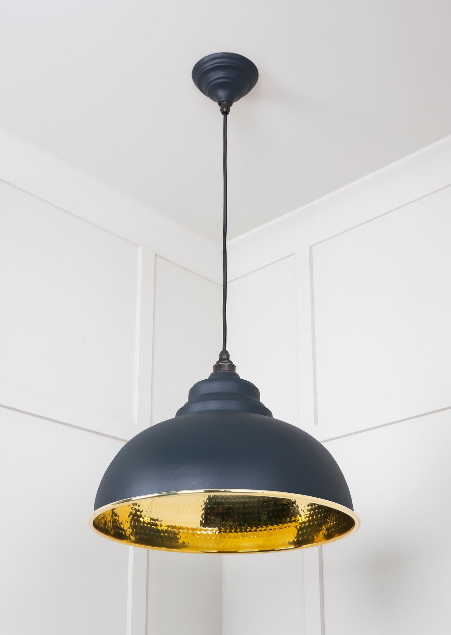 Hammered Brass Harborne Pendant Light Soot, Underside.