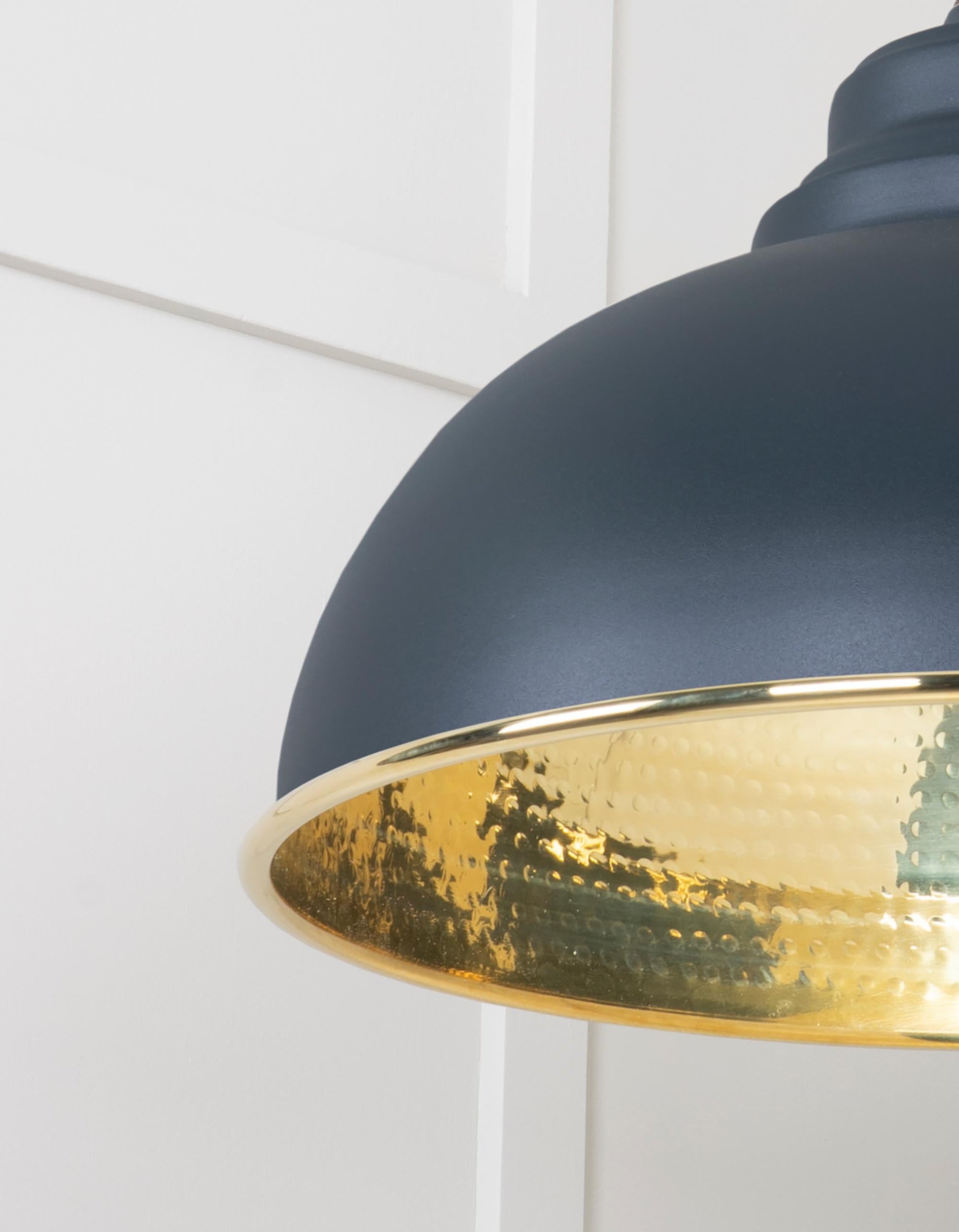 Hammered Brass Harborne Pendant Light Soot, Detailed close up view of pendant.