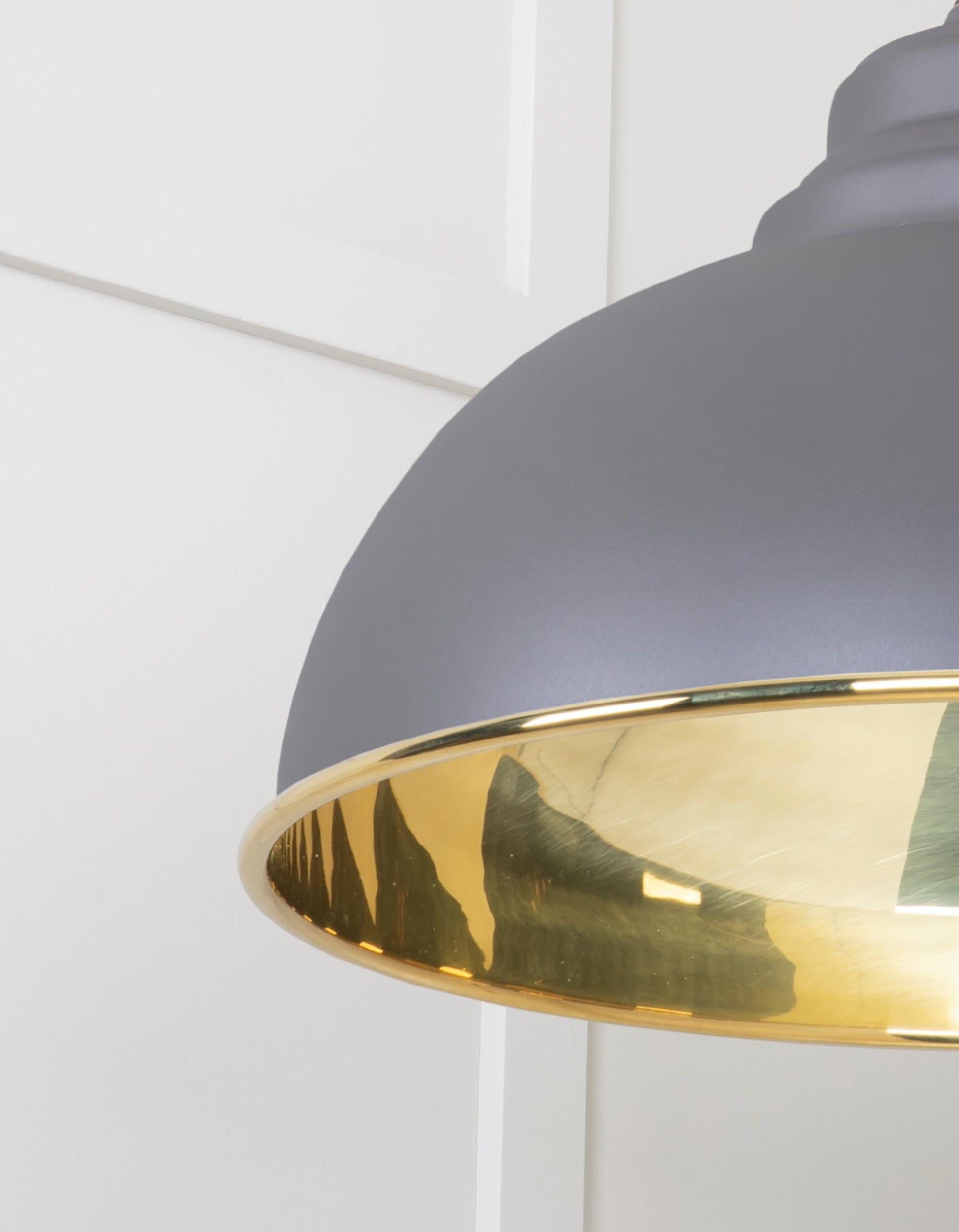 Smooth Brass Harborne Pendant Light Bluff, Detailed close up view of pendant.