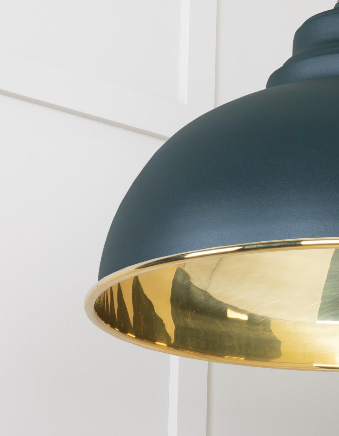 Smooth Brass Harborne Pendant Light Dingle, Detailed close up view of pendant.