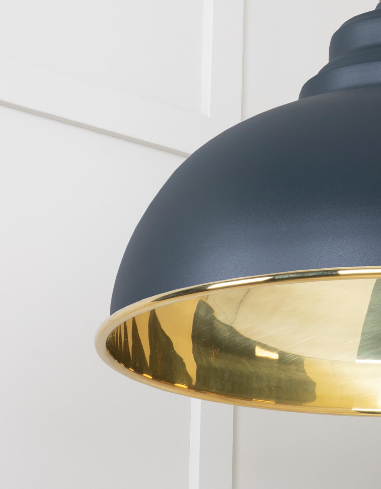 Smooth Brass Harborne Pendant Light Soot, Detailed close up view of pendant.