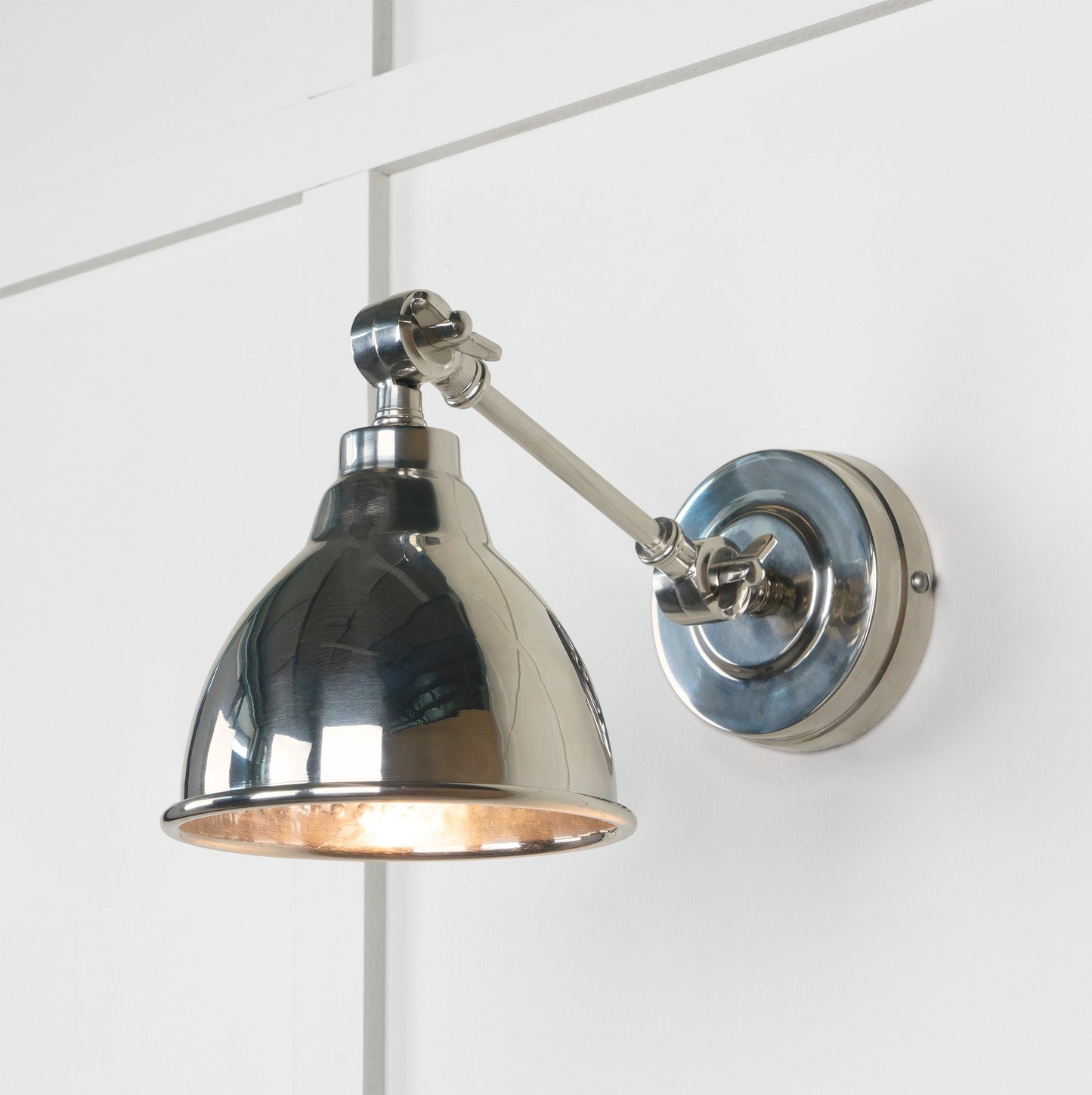 Hammered Nickel Brindley Wall Light , Front Side with light on.