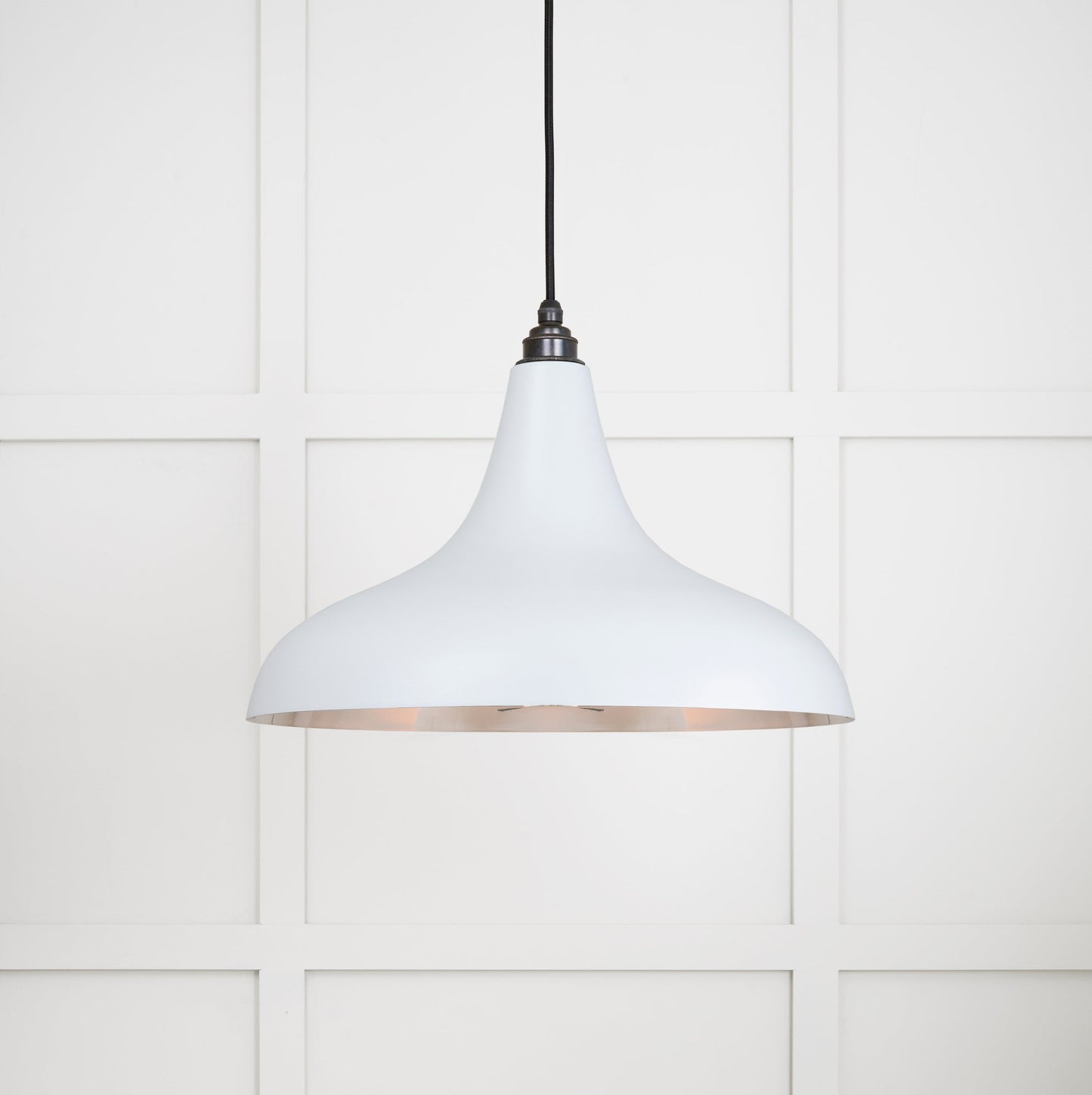 Smooth Nickel Frankley Pendant Light Birch, Front Side with light on.