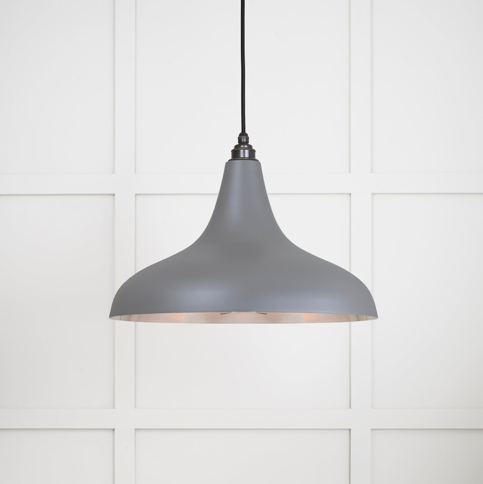 Smooth Nickel Frankley Pendant Light Bluff, Front Side with light on.