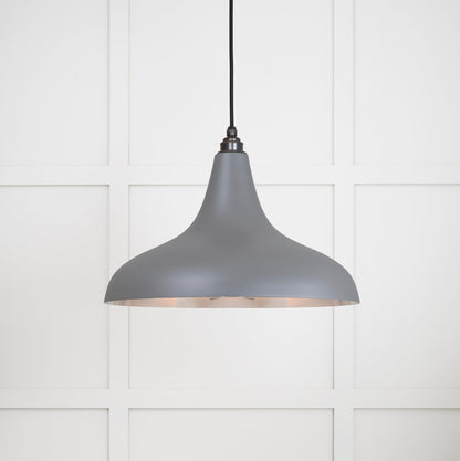 Smooth Nickel Frankley Pendant Light Bluff, Front Side with light on.