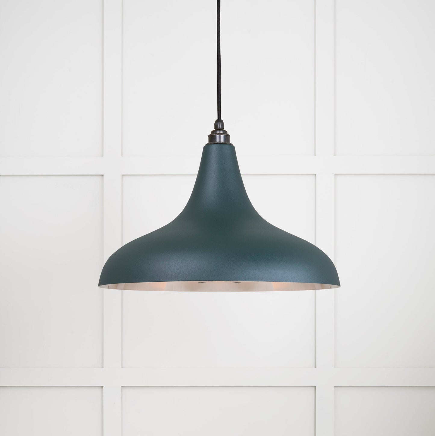 Smooth Nickel Frankley Pendant Light Dingle, Front Side with light on.