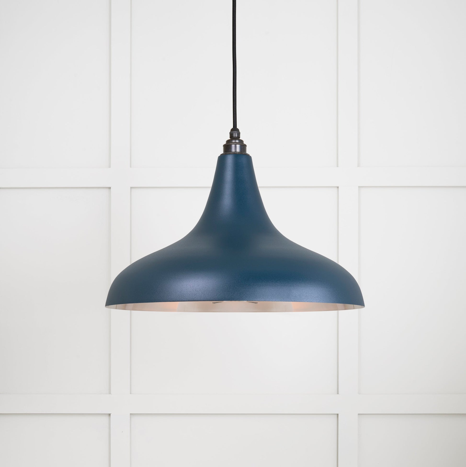 Smooth Nickel Frankley Pendant Light Dusk, Front Side with light on.