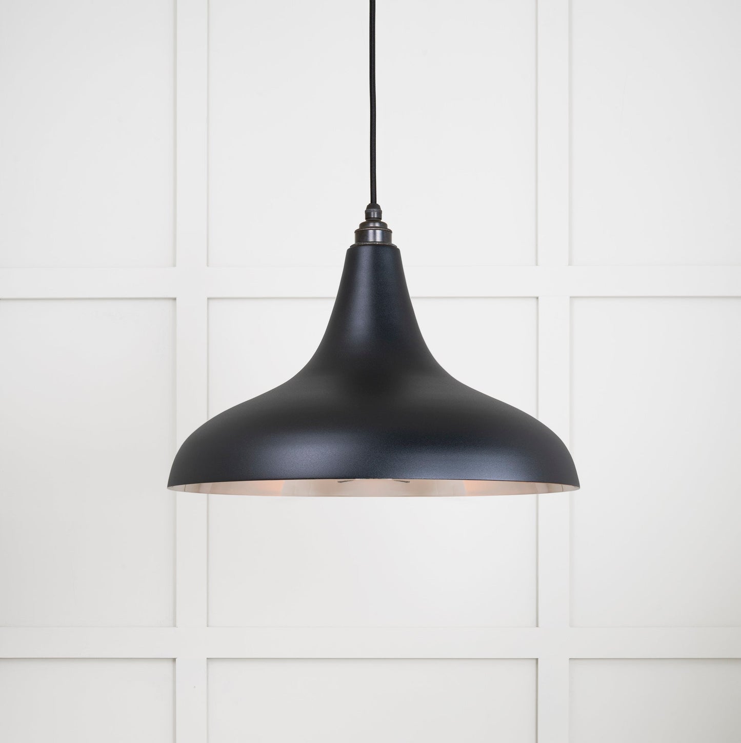 Smooth Nickel Frankley Pendant Light Elan Black, Front Side with light on.