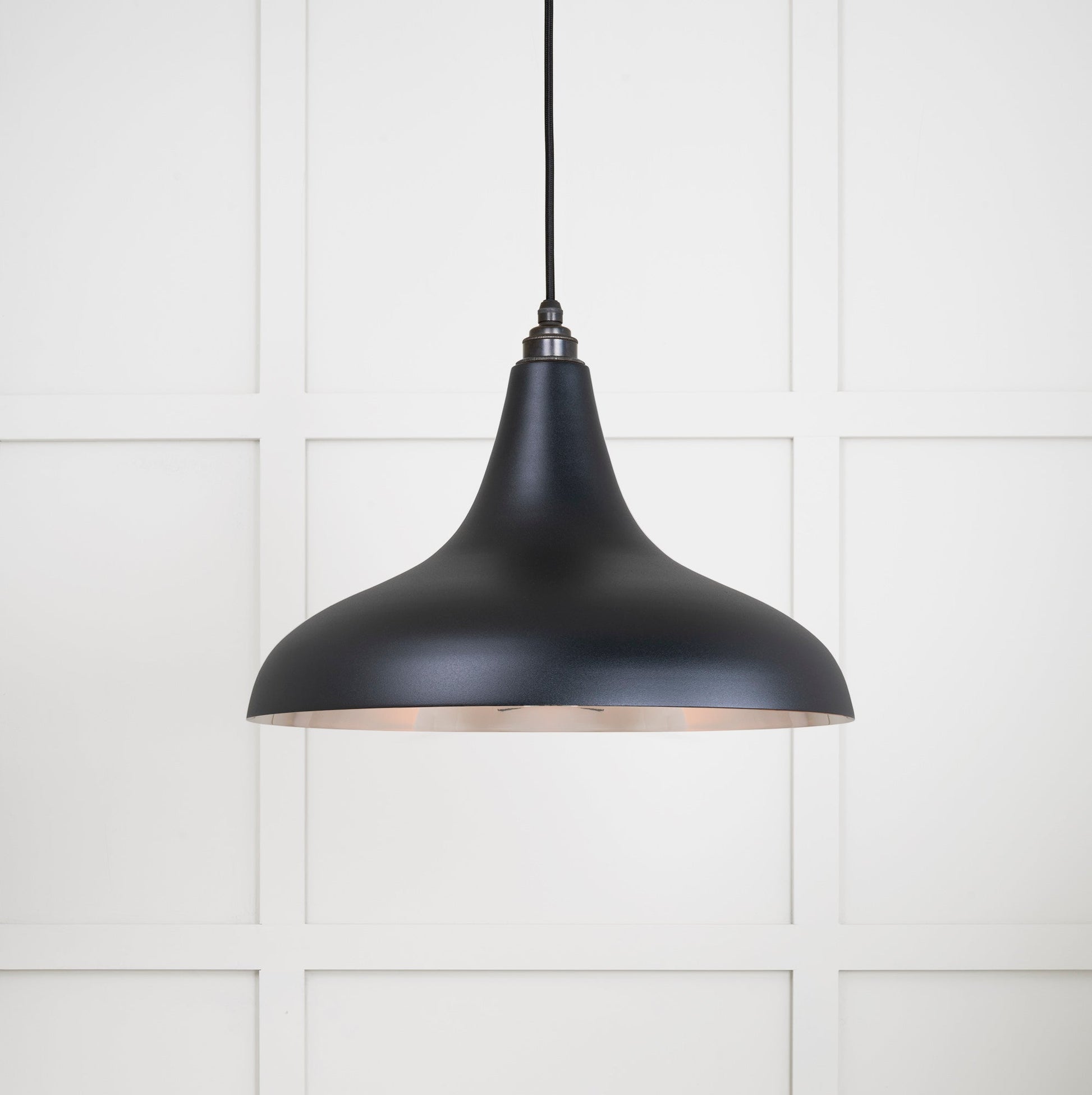 Smooth Nickel Frankley Pendant Light Elan Black, Front Side with light on.