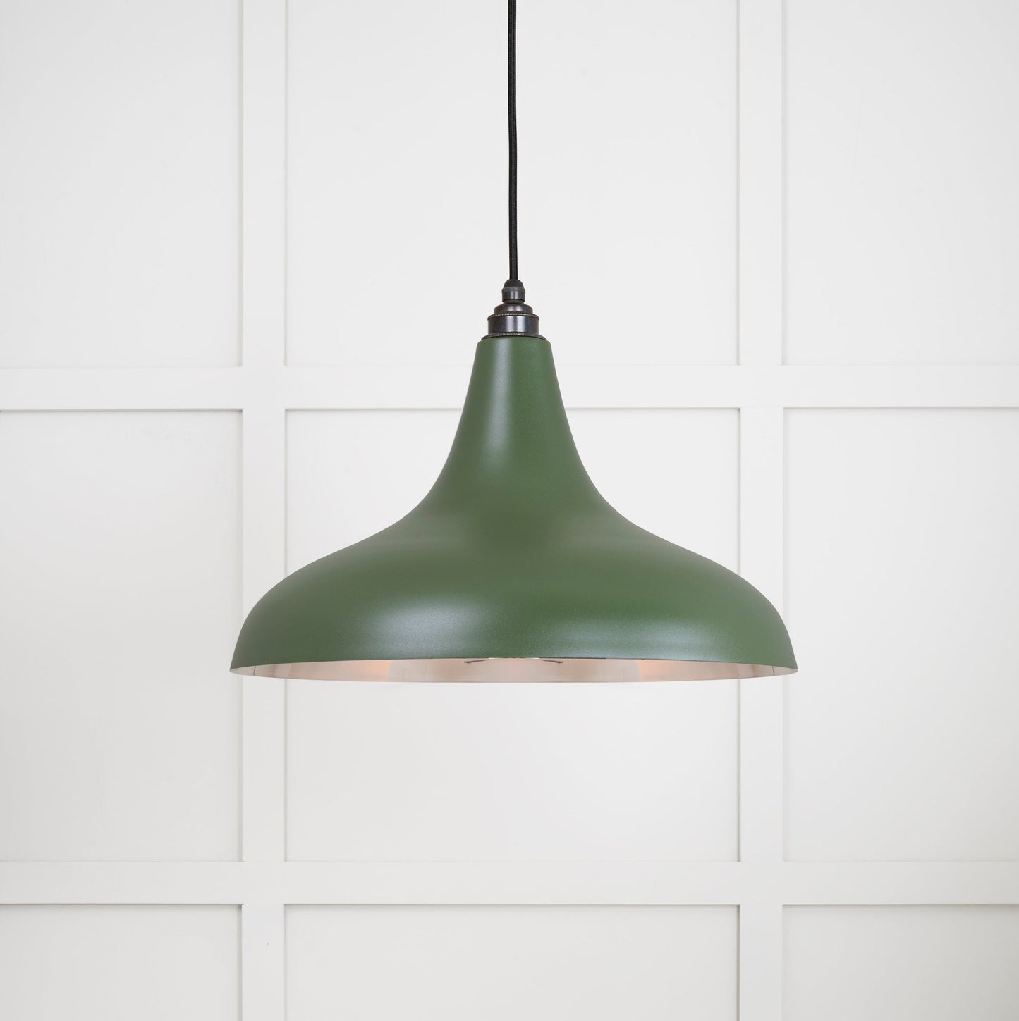 Smooth Nickel Frankley Pendant Light Heath, Front Side with light on.