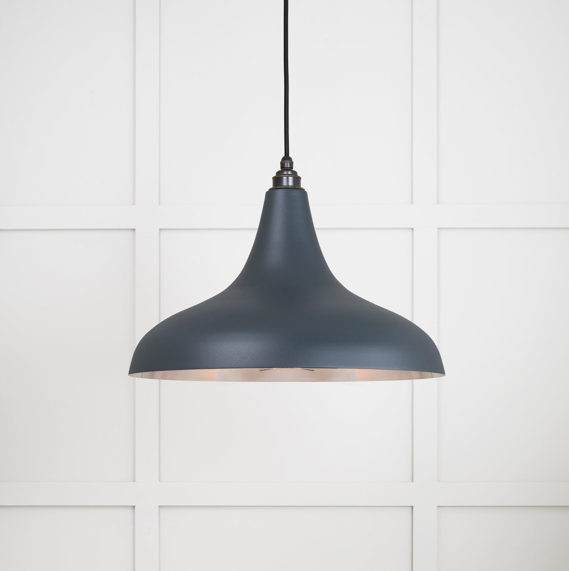 Smooth Nickel Frankley Pendant Light Soot, Front Side with light on.