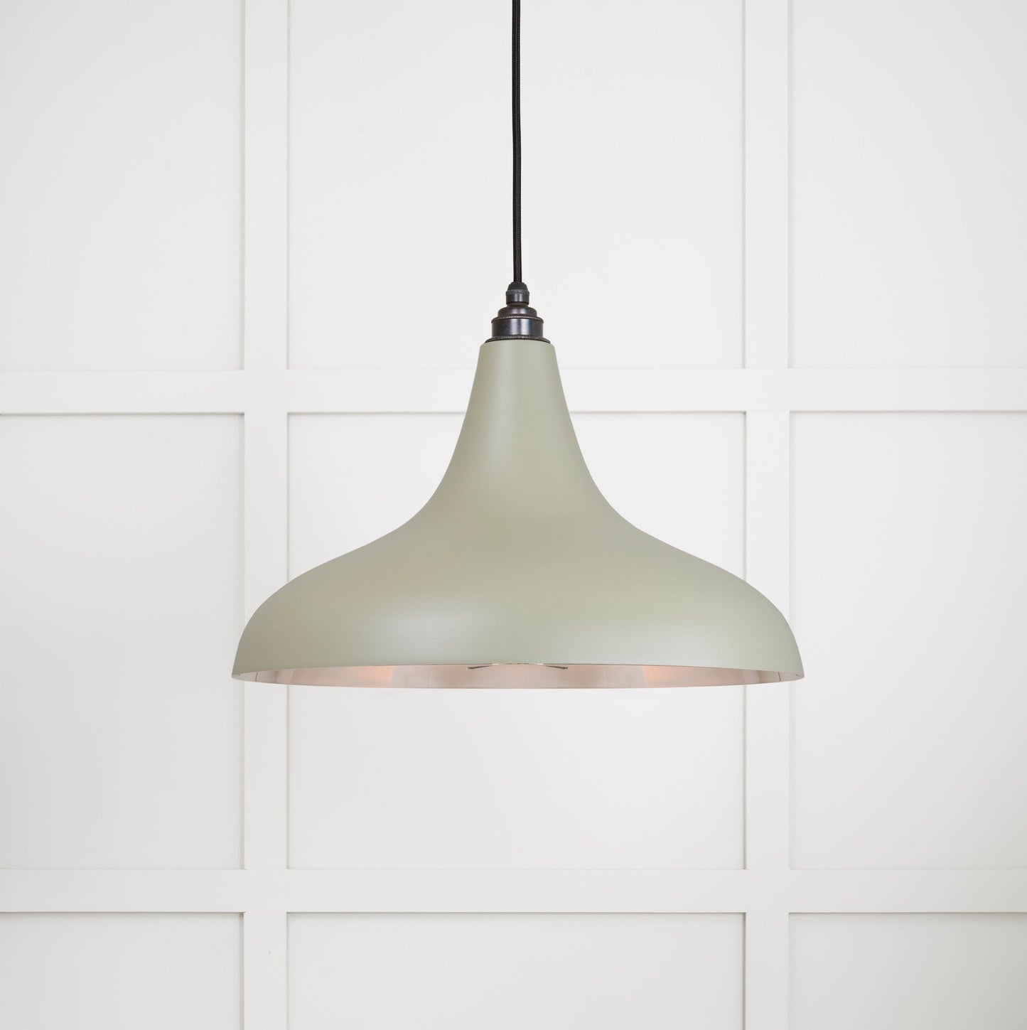 Smooth Nickel Frankley Pendant Light Tump, Front Side with light on.