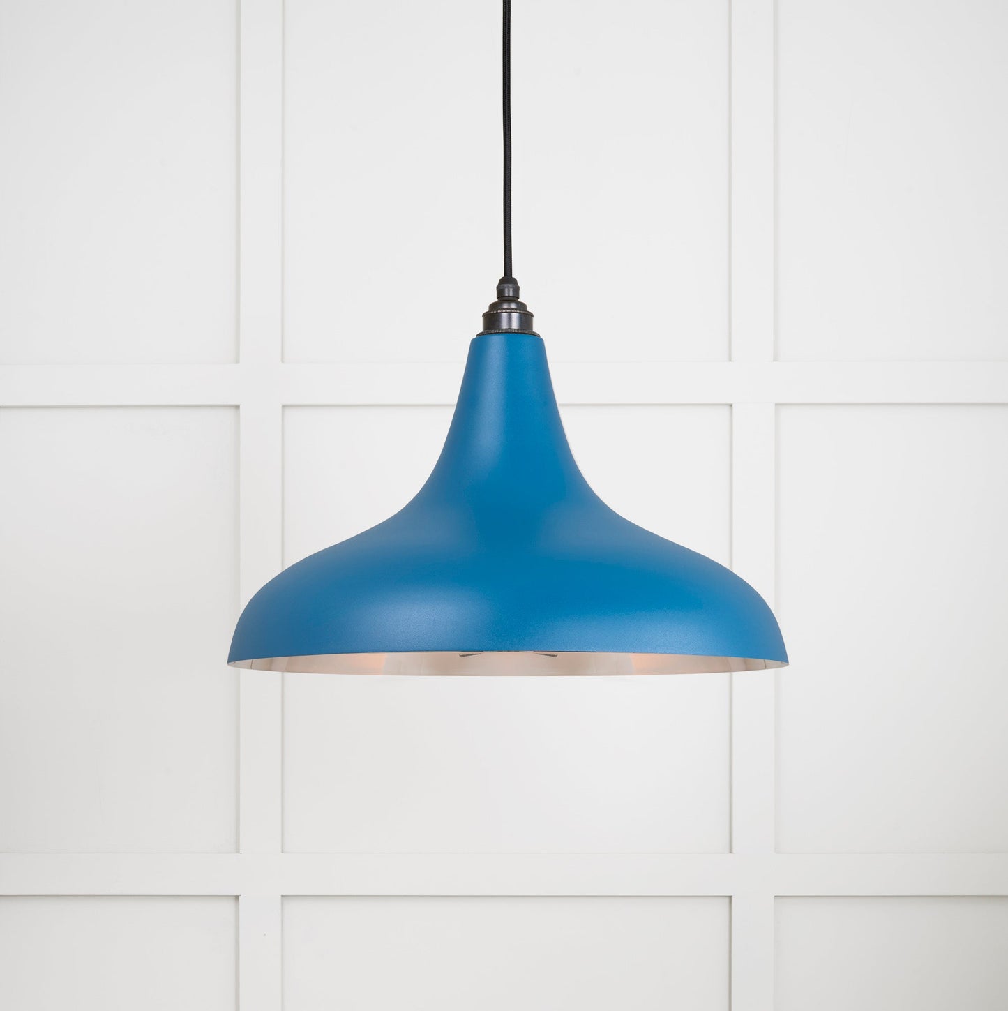 Smooth Nickel Frankley Pendant Light Upstream, Front Side with light on.