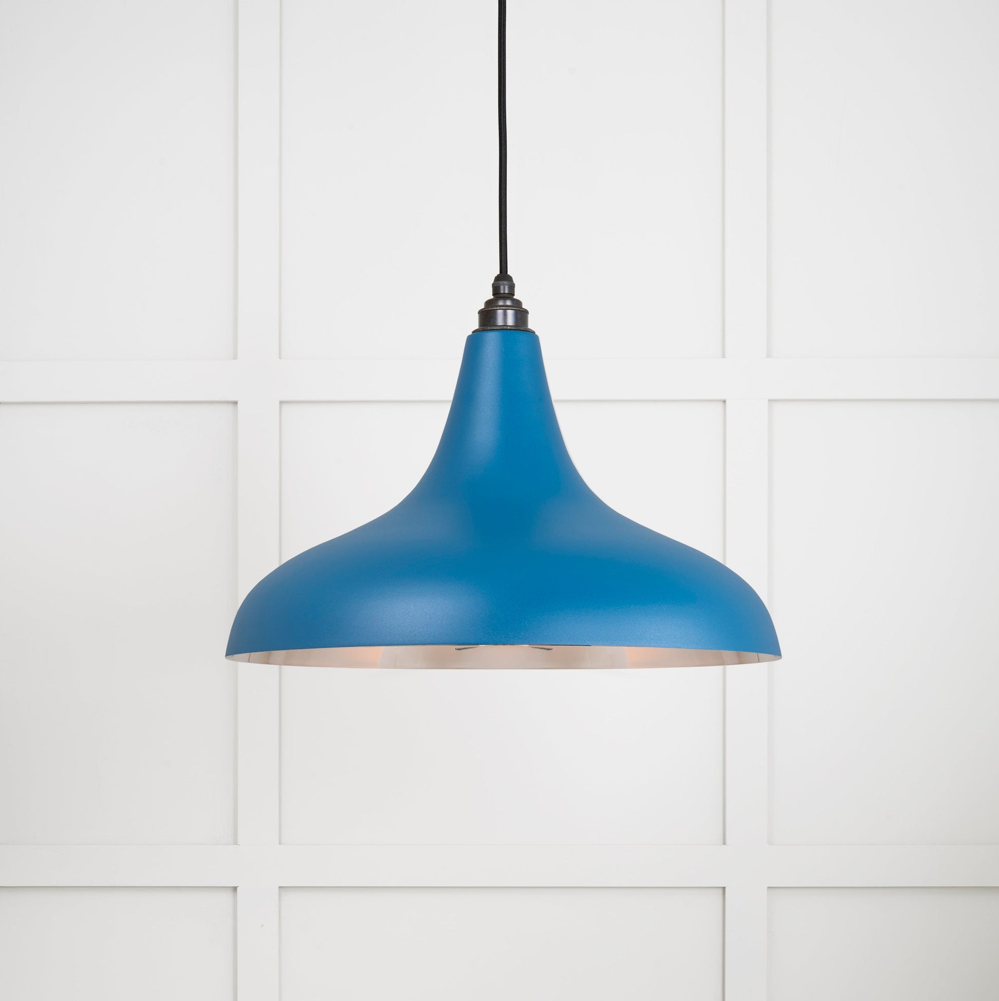 Smooth Nickel Frankley Pendant Light Upstream, Front Side with light on.