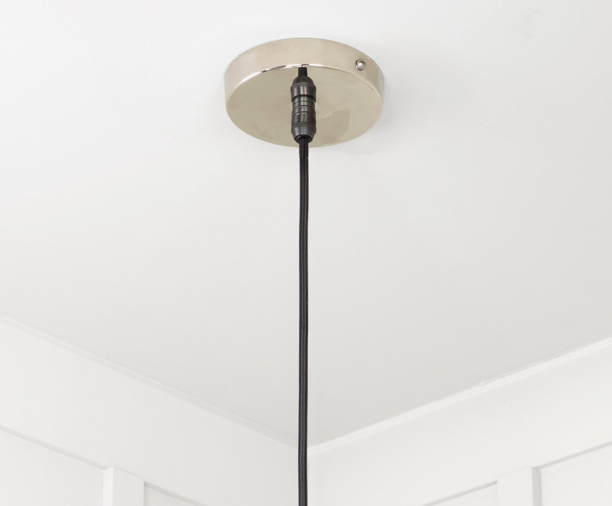 Smooth Nickel Frankley Pendant Light , close up view of fitting and cable.