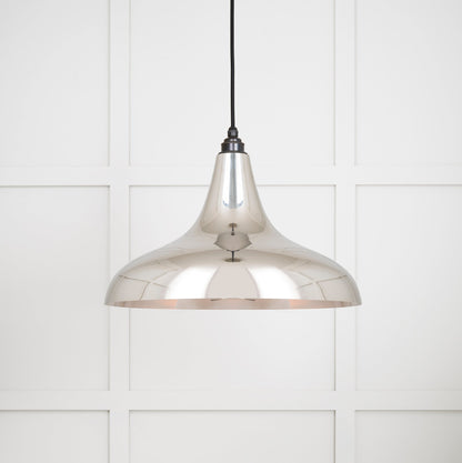 Smooth Nickel Frankley Pendant Light , Front Side with light on.