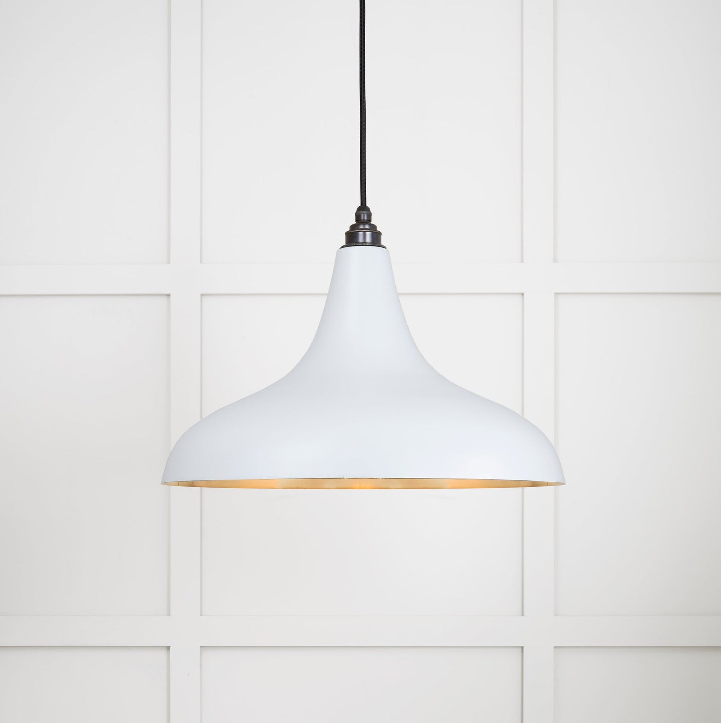 Smooth Brass Frankley Pendant Light Birch, Front Side with light on.