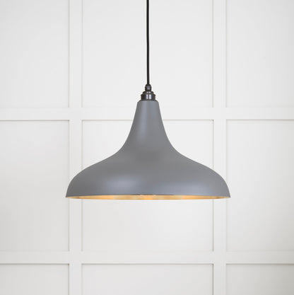 Smooth Brass Frankley Pendant Light Bluff, Front Side with light on.