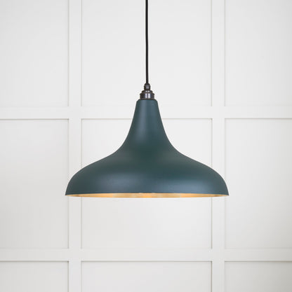 Smooth Brass Frankley Pendant Light Dingle, Front Side with light on.