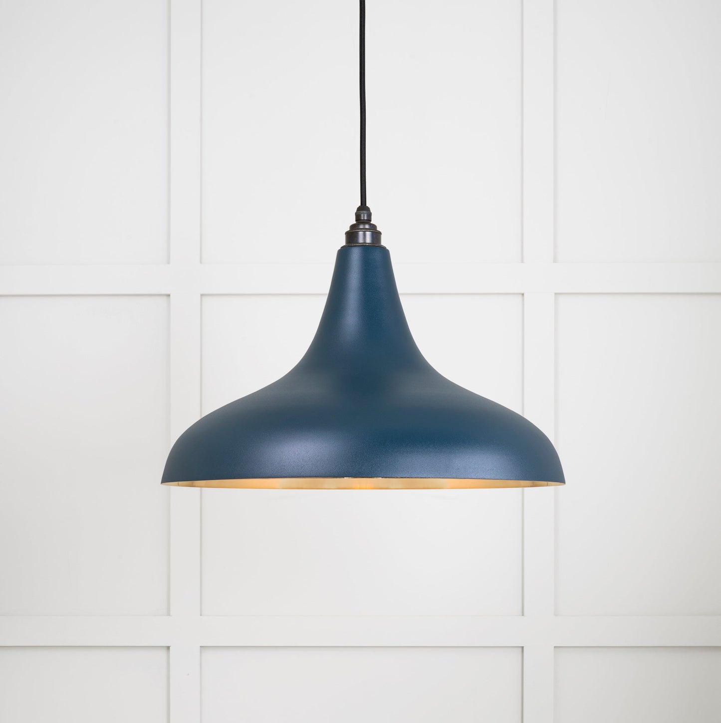 Smooth Brass Frankley Pendant Light Dusk, Front Side with light on.