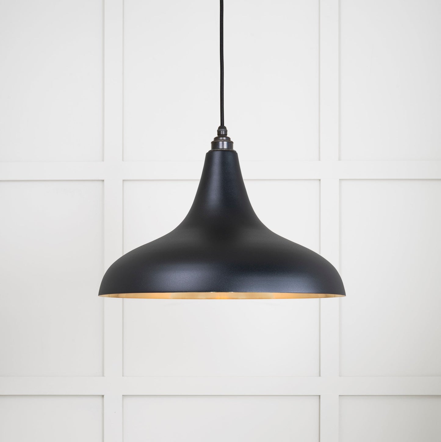 Smooth Brass Frankley Pendant Light Elan Black, Front Side with light on.