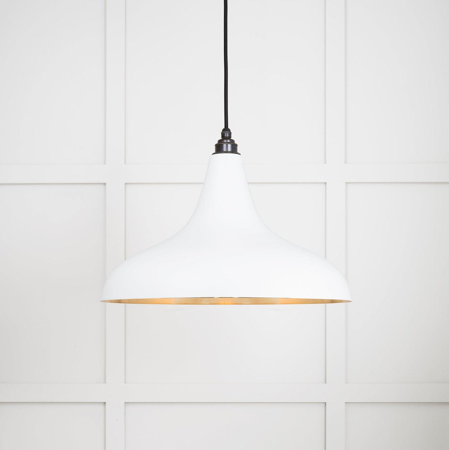 Smooth Brass Frankley Pendant Light Flock, Front Side with light on.