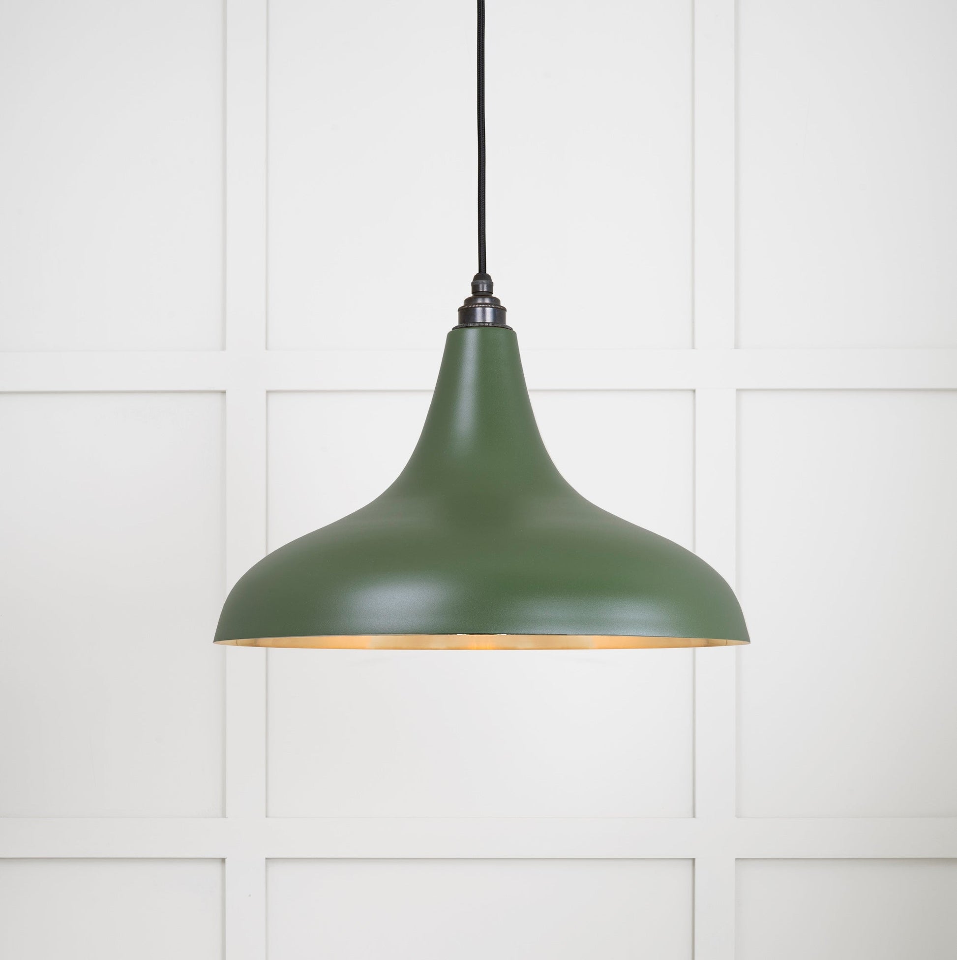 Smooth Brass Frankley Pendant Light Heath, Front Side with light on.