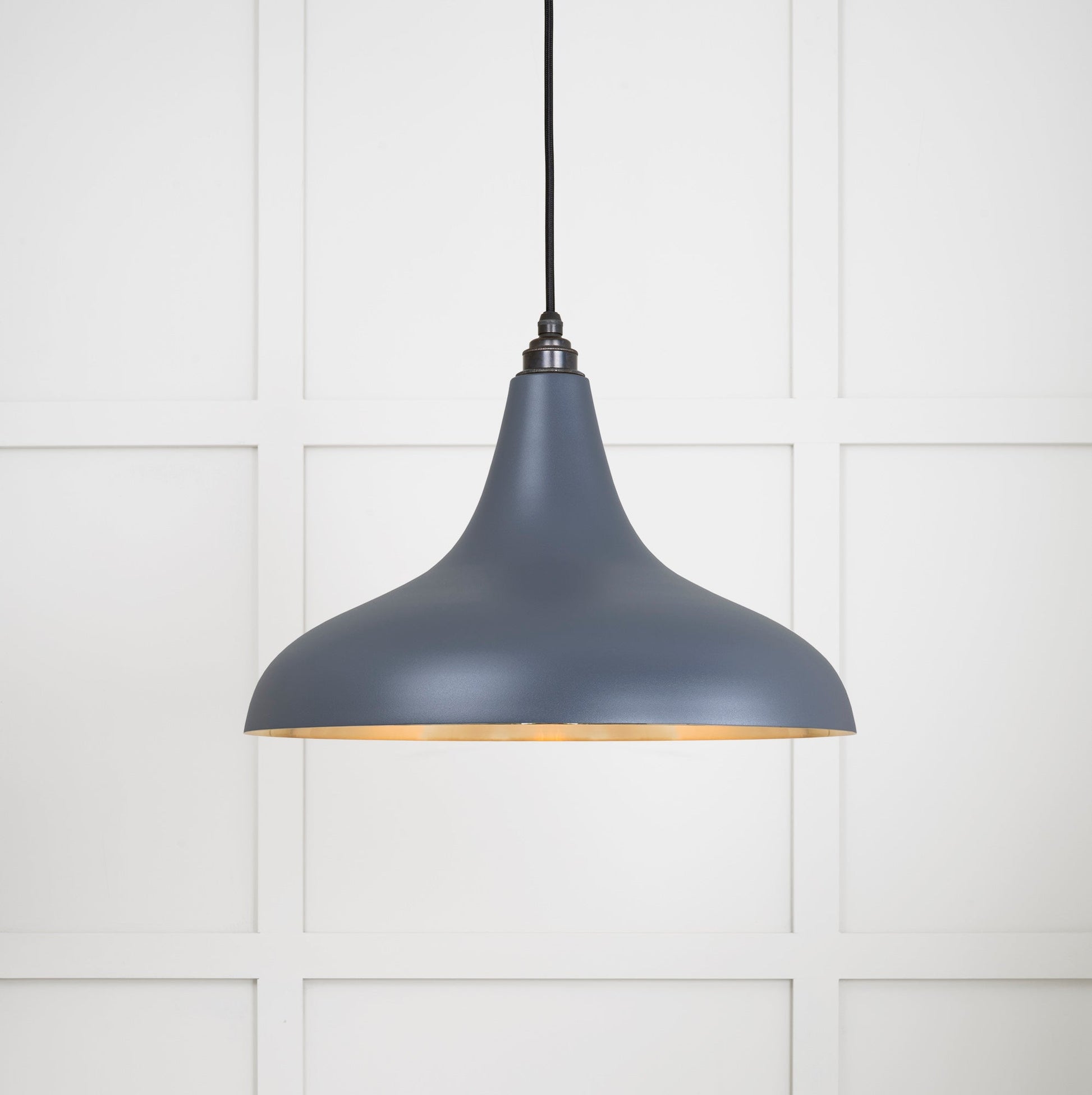 Smooth Brass Frankley Pendant Light Slate, Front Side with light on.