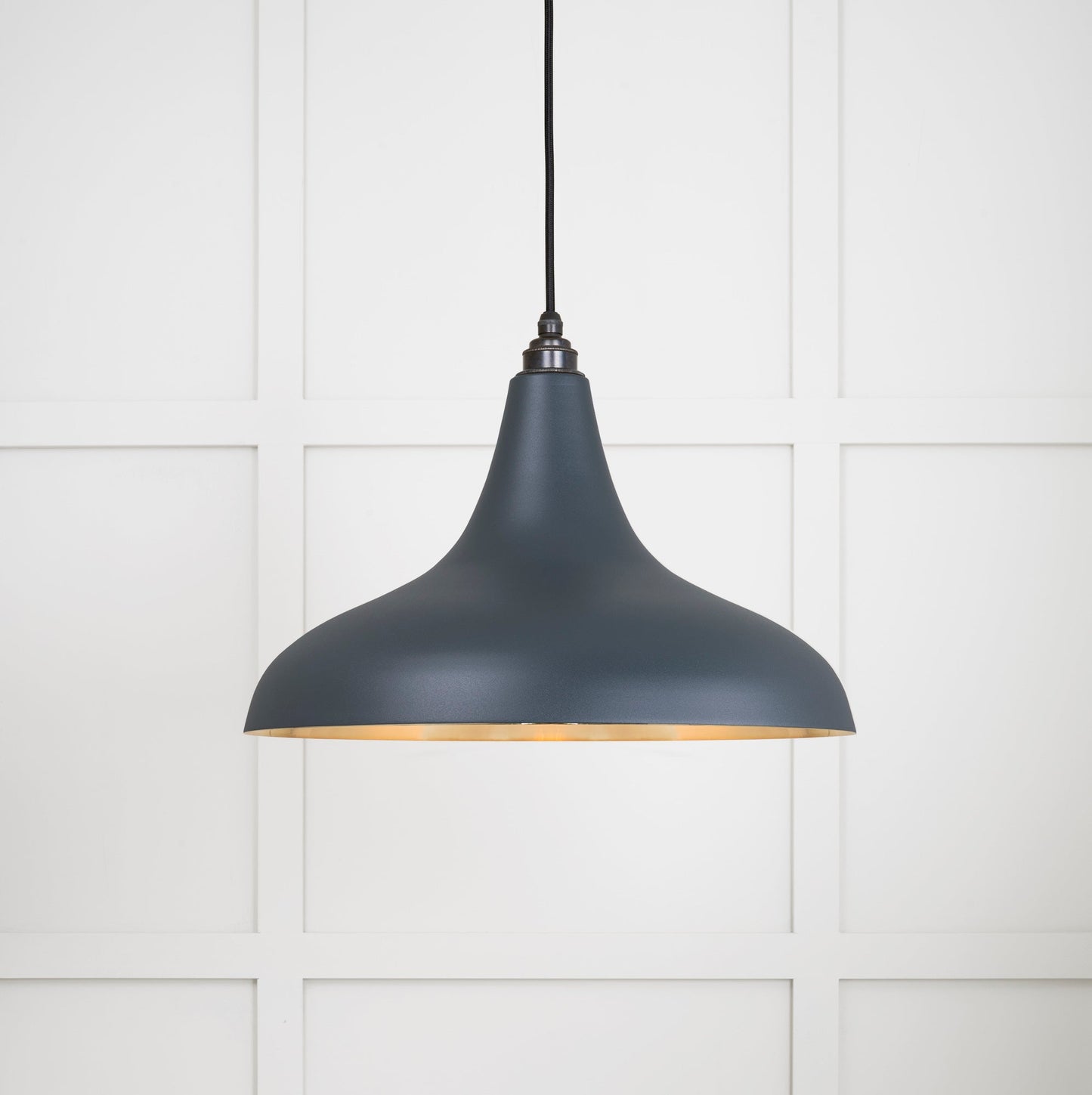 Smooth Brass Frankley Pendant Light Soot, Front Side with light on.