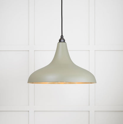 Smooth Brass Frankley Pendant Light Tump, Front Side with light on.