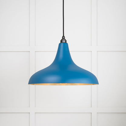 Smooth Brass Frankley Pendant Light Upstream, Front Side with light on.