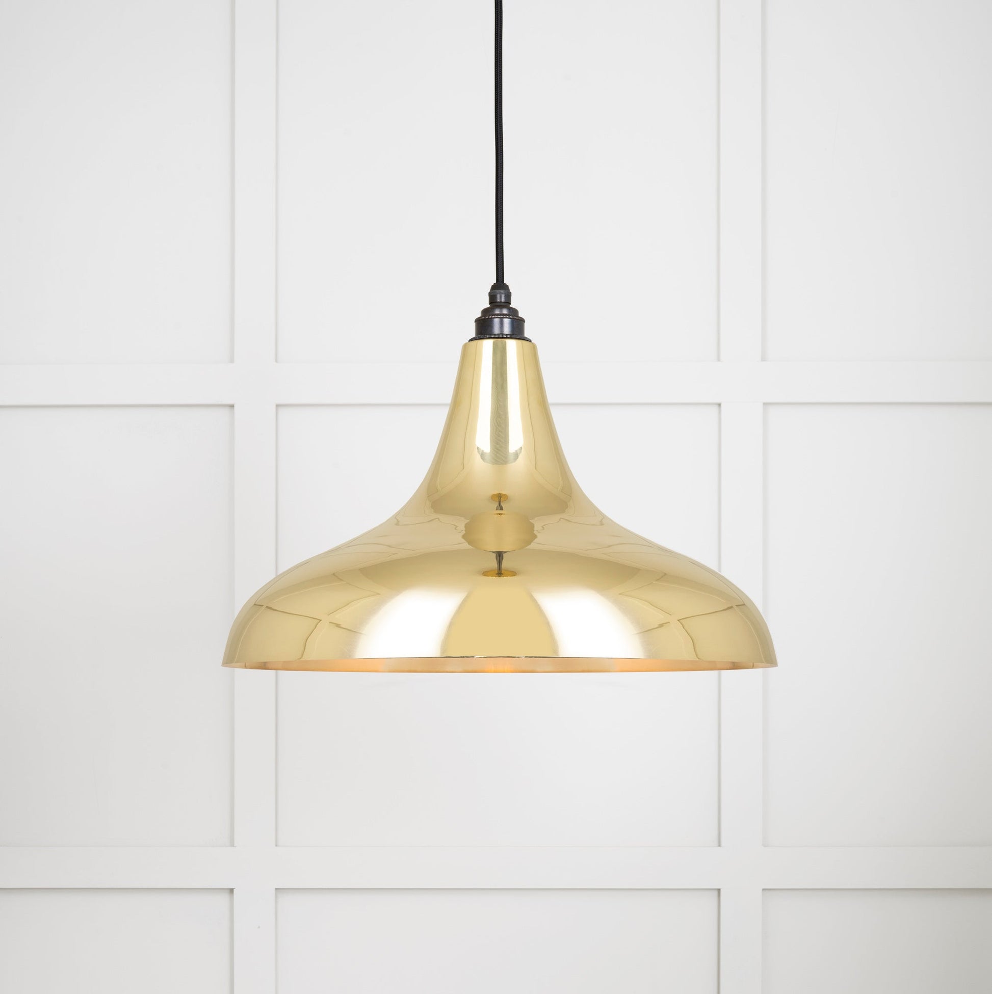 Smooth Brass Frankley Pendant Light , Front Side with light on.