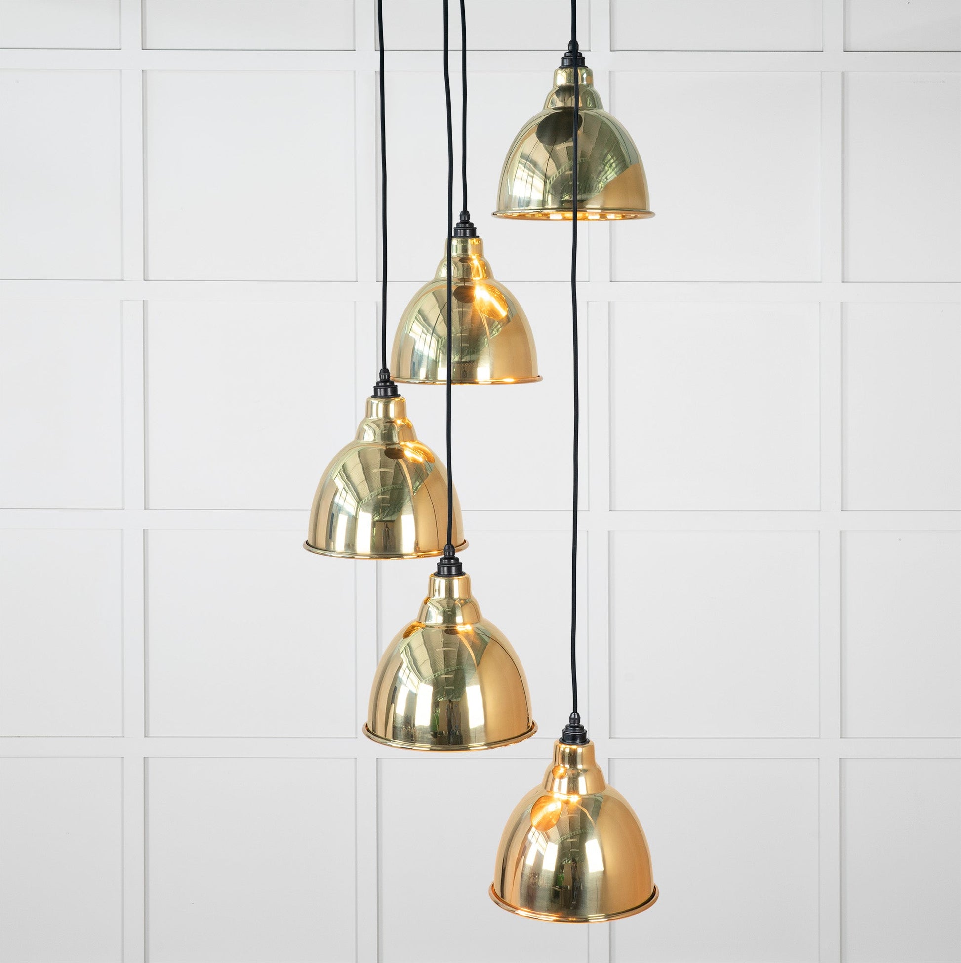 Hammered Brass Brindley Cluster Pendant Light , Front Side with light on.