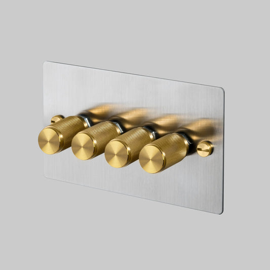 4G Dimmer/ 120W/ Steel with brass details, angled view.