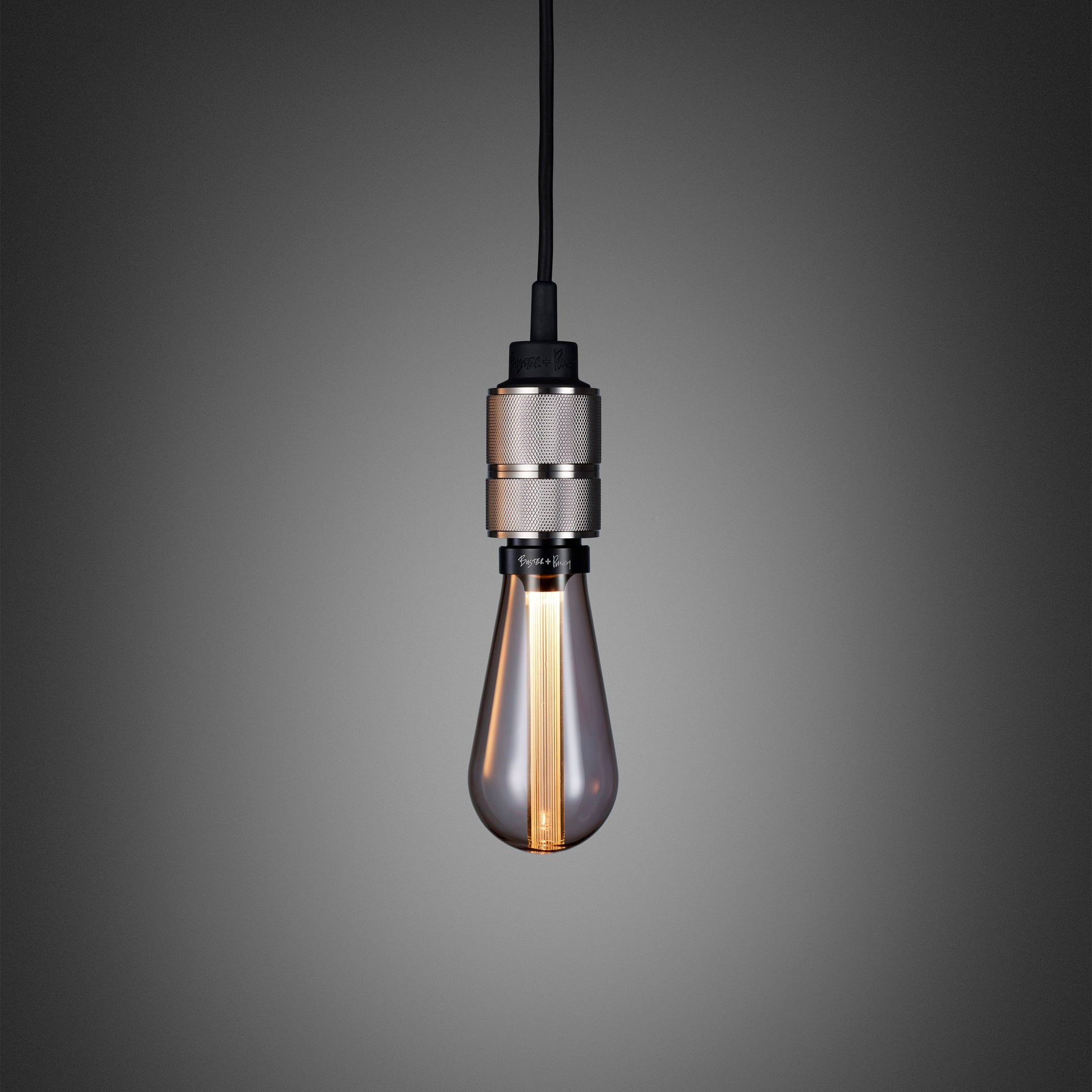 Hooked 1.0 Pendant Light / Nude Steel, front view with smoked bulb.