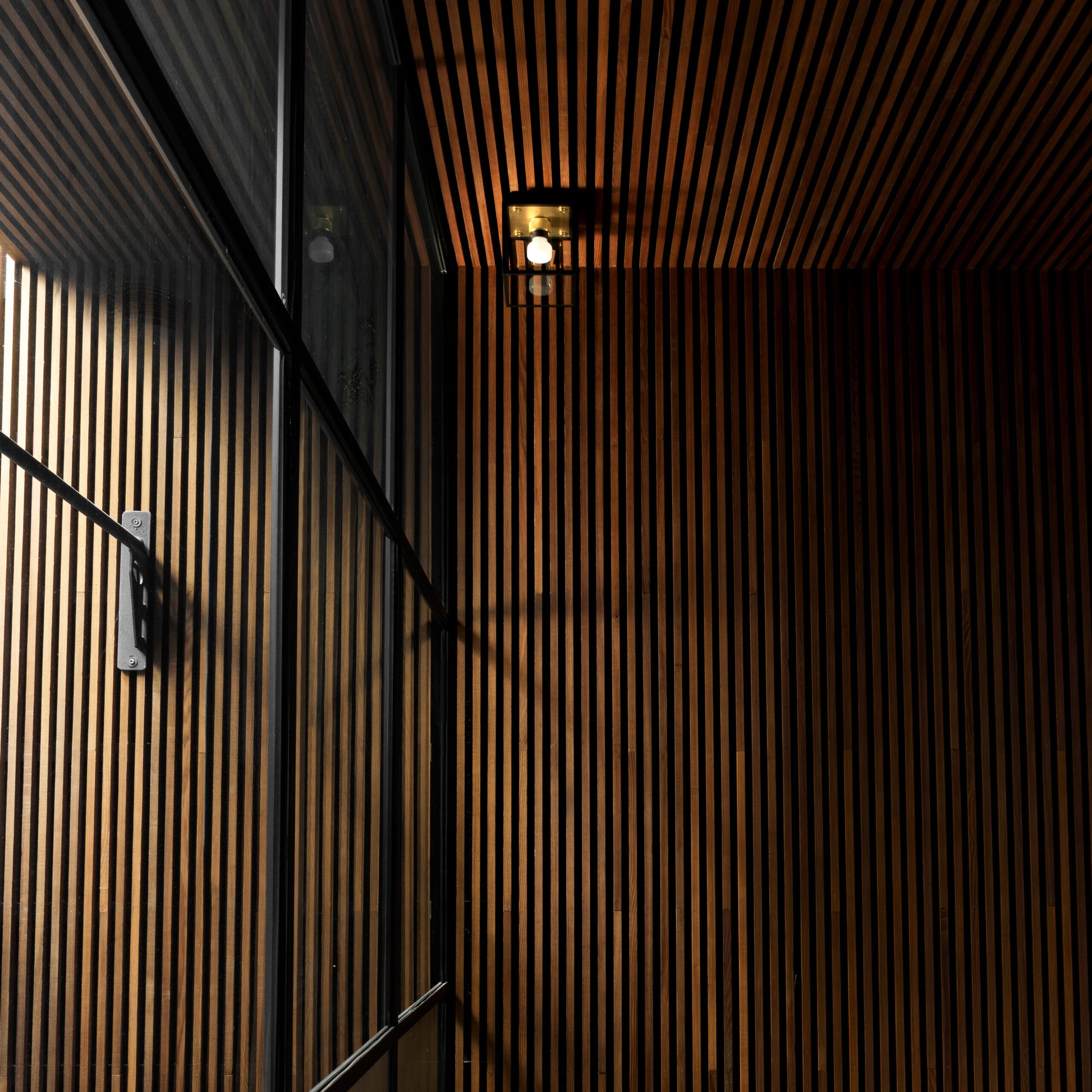 Caged Wet / Ceiling / Small brass, on front view in outdoor setting.